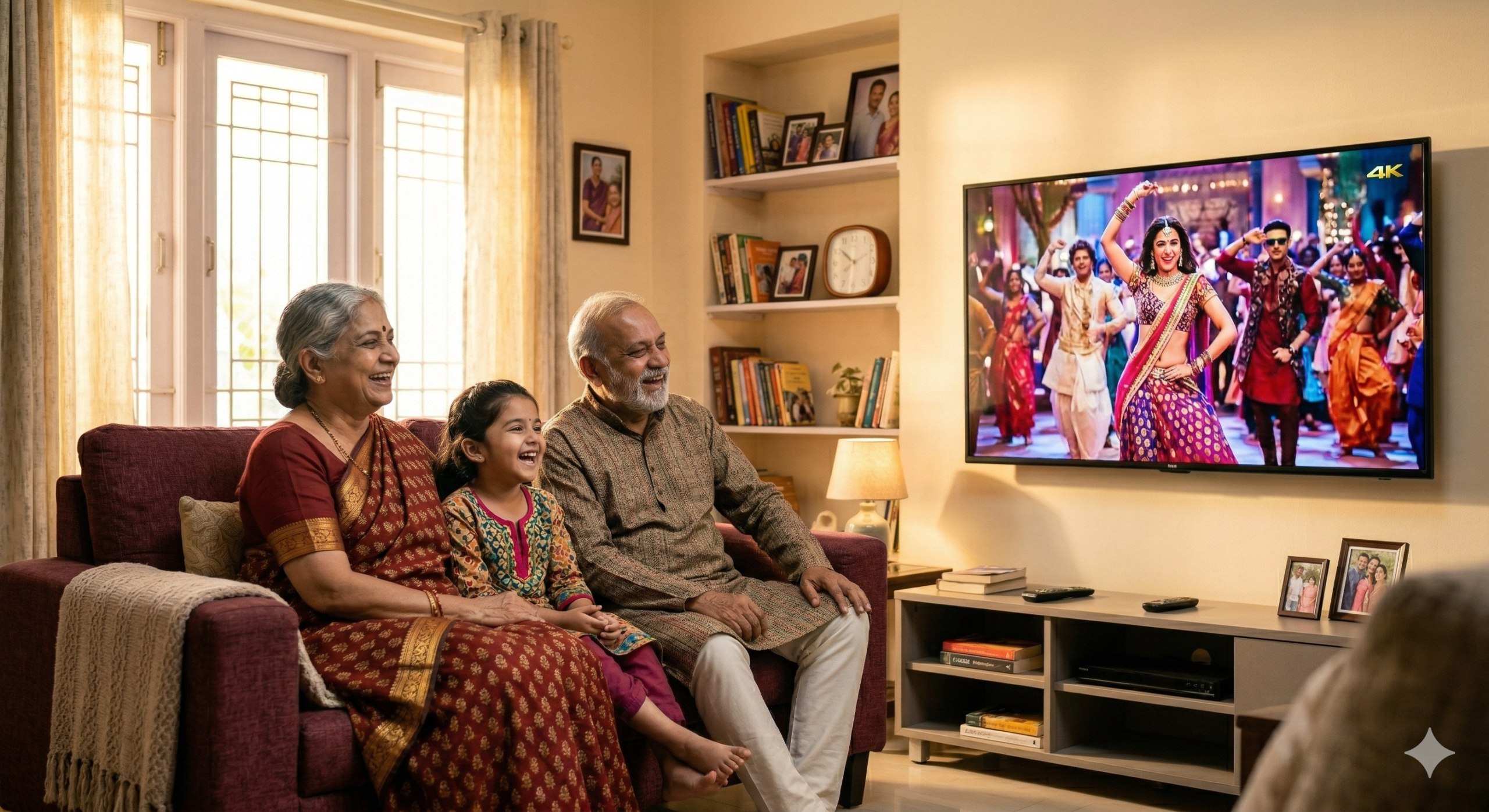Happy family watching fixed TV